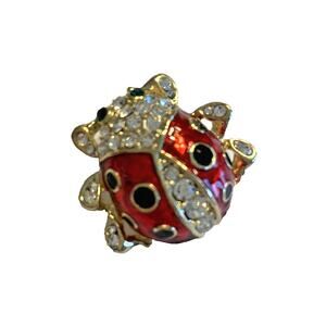 Vintage Ladybug Brooch Red & Black Enamel on Goldtone White & Green Rhinestones